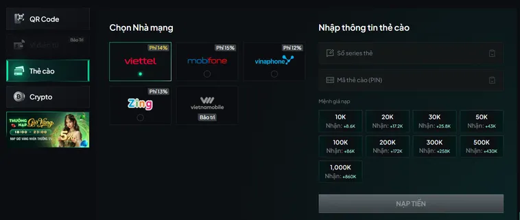 Nạp tiền bằng thẻ cào an toàn tiện lơi  - hỗ trợ mọi nhà mạng.