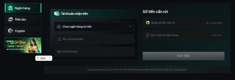 Rút tiền bằng tại khoản ngân hàng tại Gem88 an toàn nhanh chóng tiện lợi.