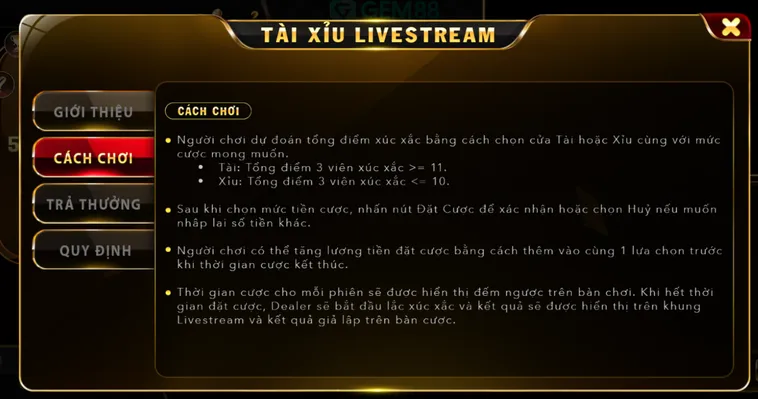 Tài Xỉu Live Tại Gem88 Trải Nghiệm Cá Cược Đỉnh Cao Cùng Tỷ Lệ Thắng Khủng